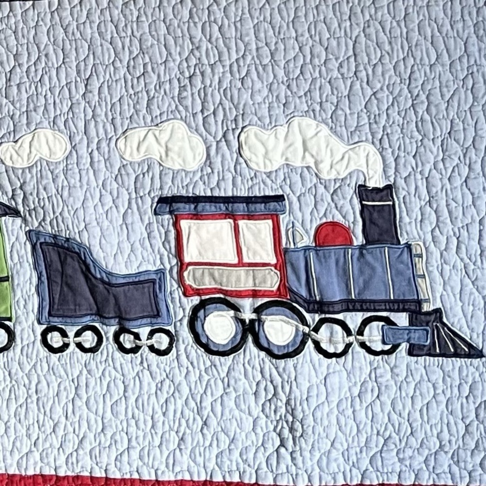 Authentic Kids Train Quilt 100% Cotton Blue Red Detailed Appliqué Bedding Twin - Picture 6 of 12